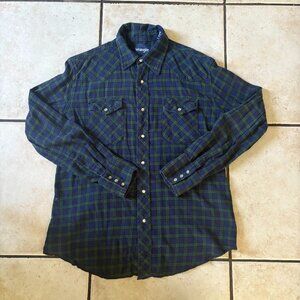 Wrangler Men’s Snap Button Western Flannel Shirt Green Blue Plaid Size L Pearl